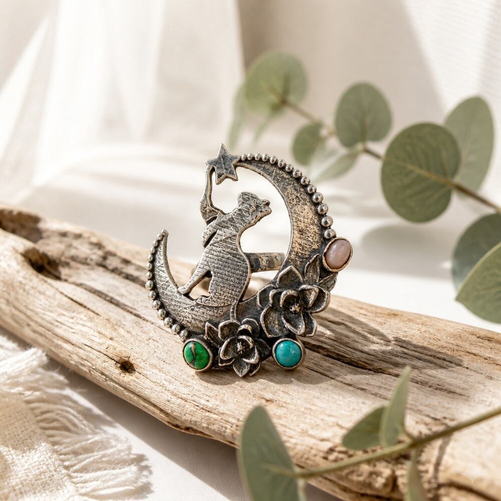 Cat Moon Star Flowers Celestial Ring Sterling Silver Size 8